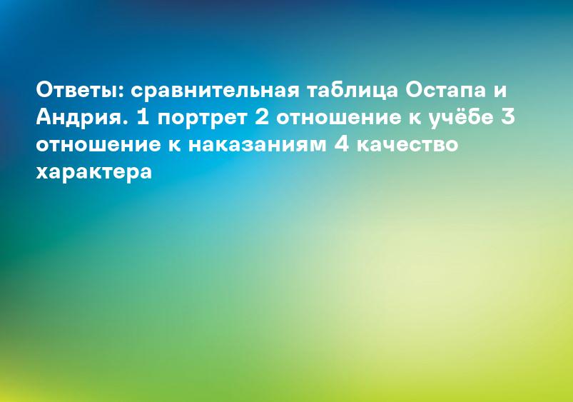 Ответы: сравнительная таблица Остапа и Андрия. 1 портрет 2 отношение к учёбе 3 отношение к наказаниям 4 качество характера